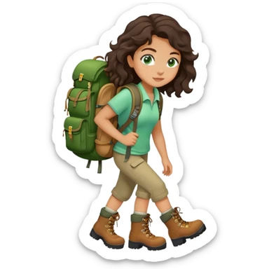 Beautiful girl with dark brown wavy hair and green eyes going on a hike sticker