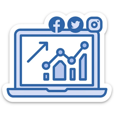 laptop with graphs and social media icons on the screen, digital marketing analytics, flat minimal style sticker