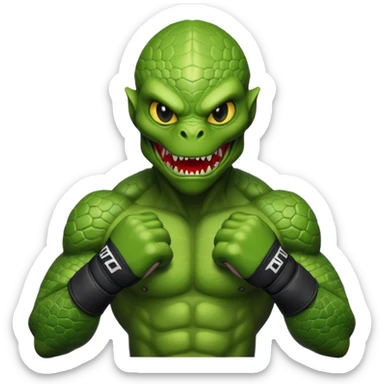 reptilian alien MMA fighter portrait, head and shoulders only, scaled skin, sharp teeth, fighter gloves, battle-ready expression, 3D cartoon, mobile game icon style, clean background, no text, no watermark
 sticker