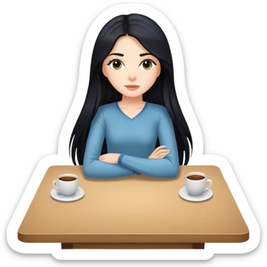 White girl full body sitting at table with black hair sticker