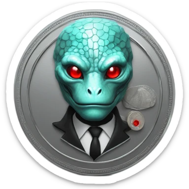 Aquamarine reptilian in classic black suite with red laser eyes on the middle of platinum coin sticker