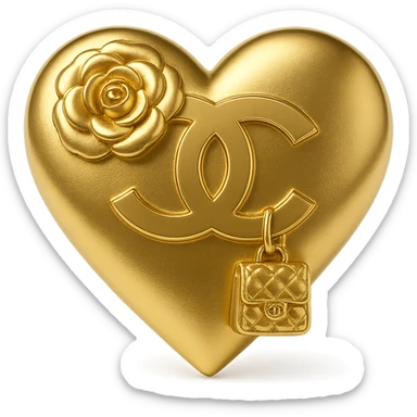 Chanel heart in metallic gold style with a camellia flower and a small handbag, Chanel fashion sticker