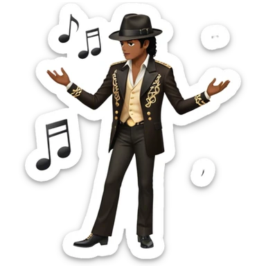 Icon for R&B Music: Michael Jackson in his iconic pose at the end of a song, head tilted, holding his black fedora with one hand. He stands in profile, embodying the smooth and soulful energy of R&B. Musical notes surround him. Transparent background. sticker