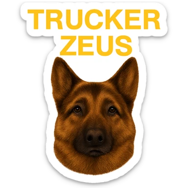 Reduce the image file size as much as technically possible, even if it lowers image quality, while keeping the background fully transparent, the realistic German Shepherd, and yellow 'Trucker Zeus' text. sticker