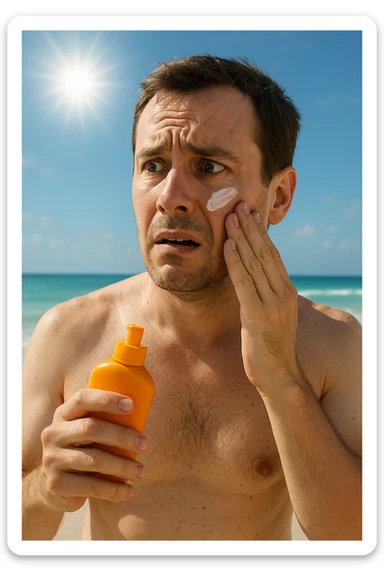 uomo a mare che si mette la crema solare perchè ha paura del sole sticker