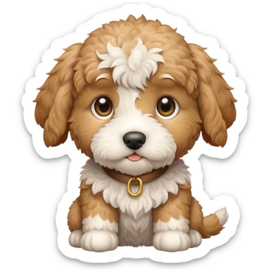 Small white mini goldendoodle puppy with light brown spots around his eyes and light brown ears sticker