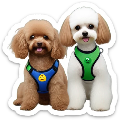 Brown toy poodle with dark blue harness and white Maltese with green harness sticker