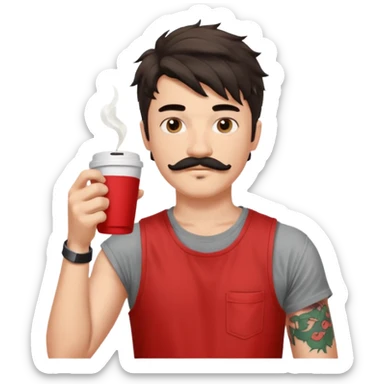generate an ios genmoji of a fair 20 year guy with black mustache, messy mullet hairstyle, drinking takeaway coffee. wearing a sleeveless red tshirt sticker