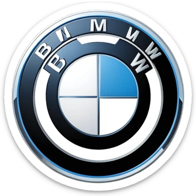 A clean, circular car logo inspired by BMW, with a black outer ring, inner circle divided into four equal quadrants, alternating blue and white colors, bold white letters on the black ring, glossy finish, minimal background, high resolution, professional automotive logo style sticker