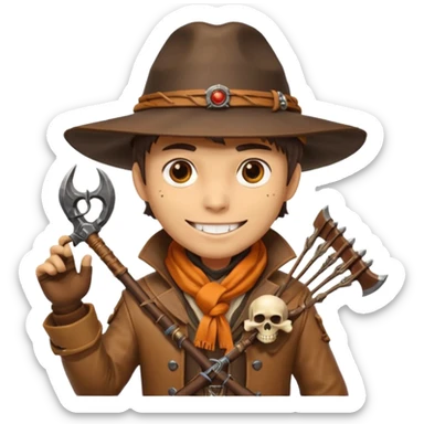 male human monster hunter emoji, wearing brown leather coat and wide hat, holding crossbow, with amulet shaped like skull, Halloween fantasy theme, confident smile, orange scarf, Apple emoji style, clean white background, square image sticker