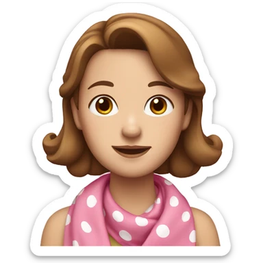 A white woman with brown hair wearing a pink kerchief with white polka dots sticker