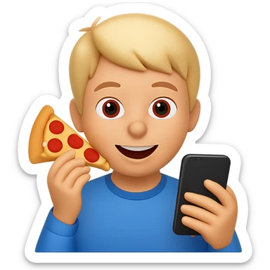 Change the food to pizza, keep the boy watching videos on his phone, emoji style, cheerful expression, with no background. The style should resemble apple style emojis. sticker