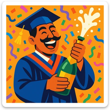 joyful Mexican graduate in cap and gown, surrounded by colorful confetti, popping a bottle of champagne, festive celebration, vibrant style sticker