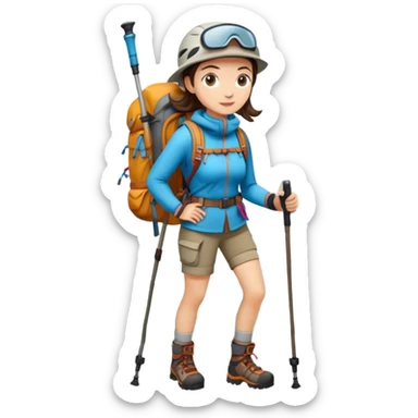 female mountain climber with backpack and hiking poles sticker