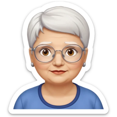 Create me emoji of an old mid-fat lady. Short white hair to left side. Square glasses. Brown eyes. Without any earings. Long head sticker