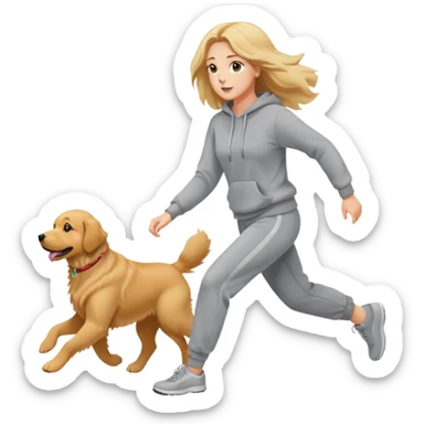 A beautiful girl with fair skin wearing a sweatshirt and sweatpants chasing a dog sticker