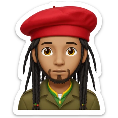 Black man with long black dreadlocks tied back, wearing a red beret, reggae style sticker