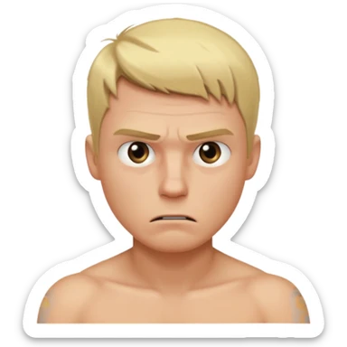 a blond guy with a short haircut, a tired and angry face, no shirt, with dark circles under his eyes sticker