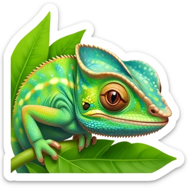 cinematic cute-smiling baby chameleon-realistic emoji,-blending-with-vibrant-greenery.-detailed-scales-in-shifting-colors,-showing-the-chameleon’s-ability-to-camouflage.-soft-natural-light-highlights-its-texture.-light-background, zoomed into its face sticker