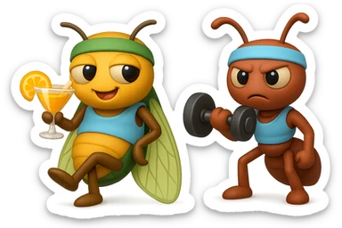 EMOJI STILE IPHONE 3D DI UNA CICALA E UNA FORMICA IN ABITI FITNESS, LA CICALA HA IN MANO UN COCKTAIL MENTRE LA FORMICA HA IN MANO UN MANUBRIO DA PALESTRA. L'IMMAGINE RAPPRESENTA IL FATTO CHE LA FORMICA VOGLIA IMPEGNARSI REALMENTE PER CAMBIARE IL SUO FISICO MENTRE LA CICALA SI VUOLE DIVERTIRE E NON CONCLUDE NULLA ALLA FINE sticker