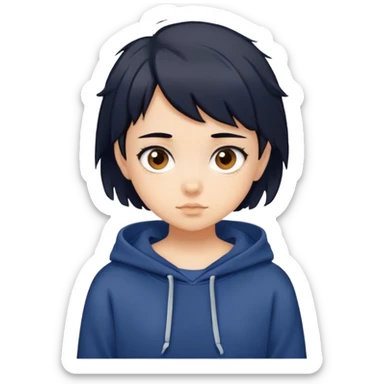A girl with really short messy black hair in a navy blue sweatshirt with brown eyes and is 10 years old sticker
