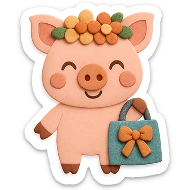 Enhance the visual design of the piglet with flower crown and gift bag to look even better and happier. Make the piglet's expression more joyful, add extra visual polish to the flower crown and gift bag, and increase the overall cuteness, while keeping the paper-craft style. sticker