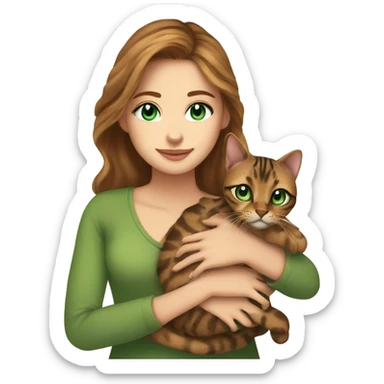 a beautiful girl with green eyes and brown hair is holding a Bengal cat with blue eyes in her arms sticker