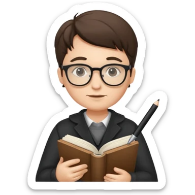 writer holding pen and book, wearing glasses sticker