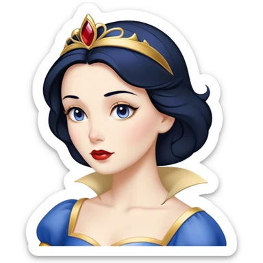 Cinematic Timeless Snow White Portrait Emoji, rendered in a clean, vector style. Depict Snow White with flawless porcelain skin, elegantly styled raven hair, and a serene, graceful expression, dressed in her classic blue and gold ensemble. The design features bold, simplified shapes, a soft, enchanting glow, and a subtle glowing outline, epitomizing pure, timeless beauty. sticker