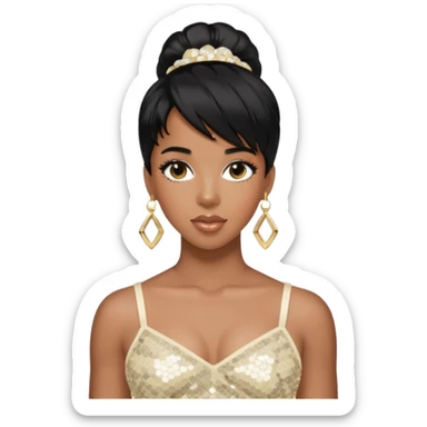 Kelly Rowland with black hair, ivory sequin crop top, ivory earring sticker