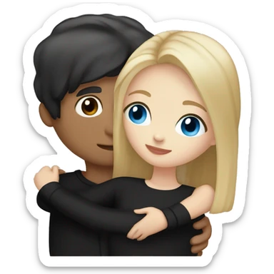 dark Blonde girl with blue eyes in black sweater and an east asian with light skin man with black hair and black eyes hugging sticker