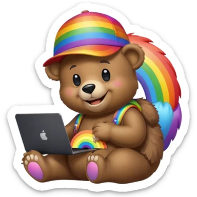 Smiley Bear wearing a cap with a rainbow emoji in it, and holding a black MacBook in his left hand and in the other hand texting on an iPhone 16 Pro Max sticker