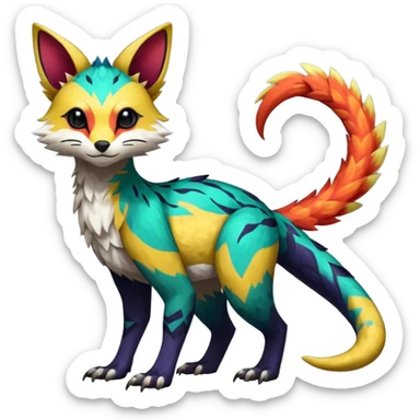 Rare realistic exotic edgy epic pretty beautiful handsome gorgeous aesthetic colorful vibrant Vernid-Trico-species-Fakemon-creature by LiLaiRa, 4 legs, 1 tail, random markings, (full body) sticker
