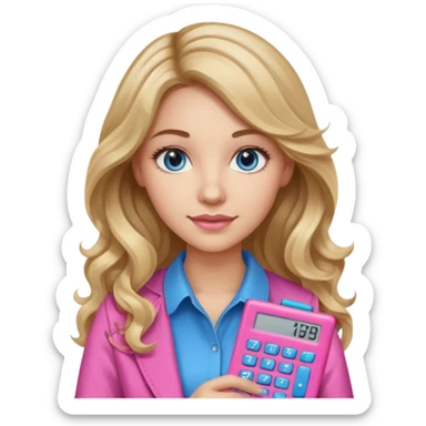 pretty female with long wavy brown hair with blonde highlights and blue eyes holding a pink calculator sticker
