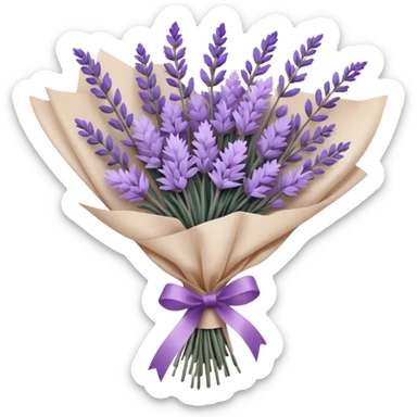 A delicate hand-tied lavender bouquet, featuring wisps of pale lilac and deep amethyst sprigs, is wrapped in parchment paper secured with a dusty plum ribbon. The gentle contrast of fresh and dried stems creates a soft, ethereal look, while the faint scent of lavender lingers like a nostalgic embrace from a bygone era.
 sticker