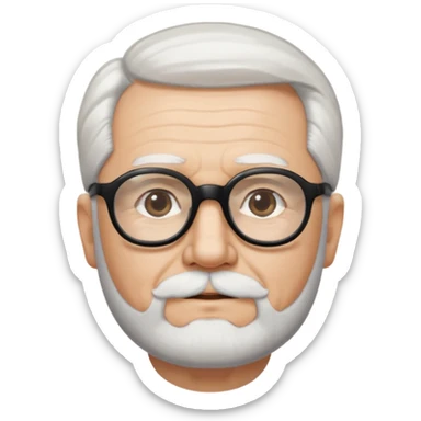 An elderly man with neatly combed white hair swept back and wears black rectangular glasses. His face is oval-shaped with  a small white beard.  sticker