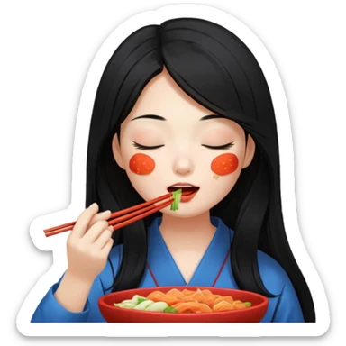 Girl with black long hair eat kimchi close eyes chopstick sticker