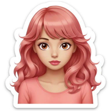 cute woman, popular girl, rolling eyes, light tan skin, black eyes, very long wavy auburn hair, bangs, pink top, coral lipstick sticker
