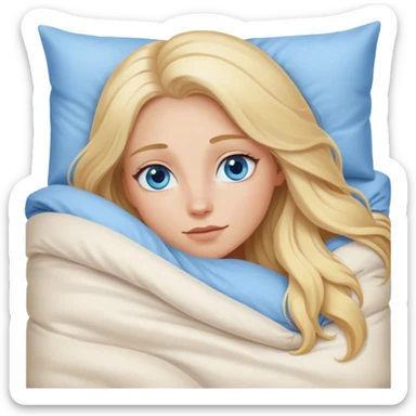 Cinematic realistic blonde with long hair, blue eyes and delicate features, lying in a cozy, soft bed, covered with a duvet sticker