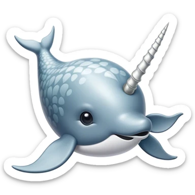 Cinematic Noble Narwhal Portrait Emoji, Poised and majestic, with a robust, streamlined body draped in mottled, silvery-gray skin, featuring a long, spiraled, ivory tusk and deep, thoughtful eyes that exude ancient oceanic wisdom, Simplified yet sharp and sophisticated features, highly detailed, glowing with a soft, ethereal arctic glow, high shine, intelligent and enigmatic, stylized with an air of mythical marine grandeur, focused and graceful, soft glowing outline, capturing the essence of a watchful and confident sea unicorn that appears ready to glide out of the screen with timeless authority! sticker