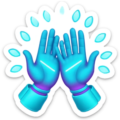 futuristic glowing clapping hands, purple and cyan glow, dark background sticker