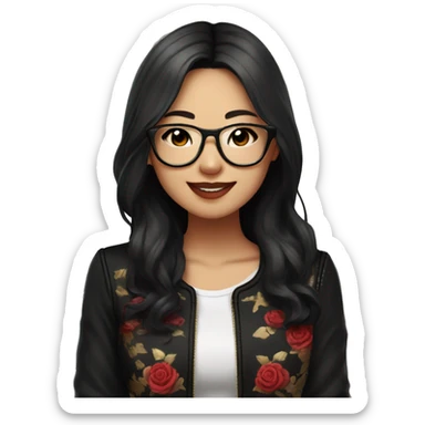 Asian girl, smiling with teeth, fair skin, black long hair, black eyes, black glasses with gold frames, red lipstick, wearing a white lace tank top and a black office jacket on top, with pink and red roses around her, chibi. sticker