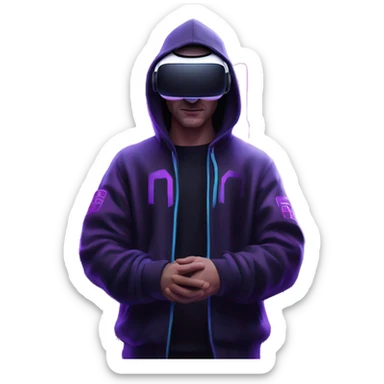 Russian man wearing a black hoodie with "OMG" letters on it and VR headset in a cyberpunk VR environment with violet neon lighting. sticker