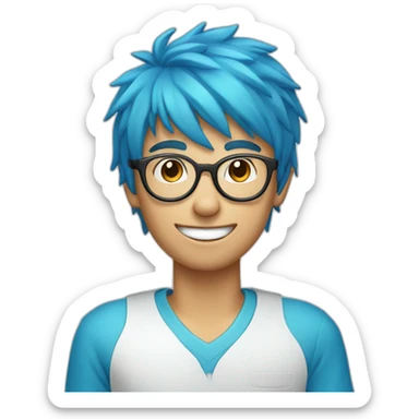 A boy with blue hair, round glasses and a dental appliance behind a computer sticker
