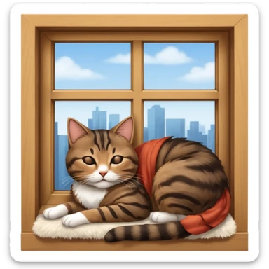 a young female brown and black tabby cat, sleeping in a window seal and she falls out of window to the floor. realistic, raw 9.16 sticker