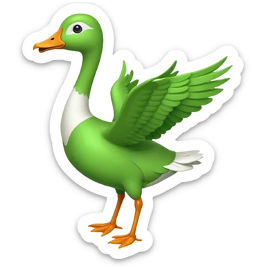 Emoji of a running goose with a very long neck and two legs. Use the shape of 🪿 but color the entire goose bright green (#39C700). Make sure the neck, body, wings, and legs are fully green, like a white goose dyed completely green, with no white parts. sticker