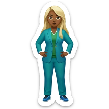 Full Body white plus size female basketball head coach with long blonde hair in a blue and green suit sticker