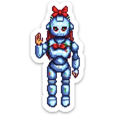 shoulders-up portrait of a cute female recruiter robot, 8-bit pixel art style, metallic, talking, one hand in the air, with a bow accessory sticker