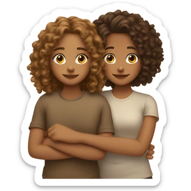 Two best friends hugging, one is light tan with shoulder length curly hair and the other girl is brown with long brown curly hair sticker