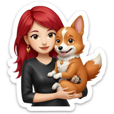 apple-style emoji of an Asian girl with long hair and wispy deep side bangs, wearing a black leather dress, gold earrings, false lashes, and a 3/4 sleeve tattoo on her left arm, hugging a happy red head tri-color corgi, simplified, clear, emoji-like sticker